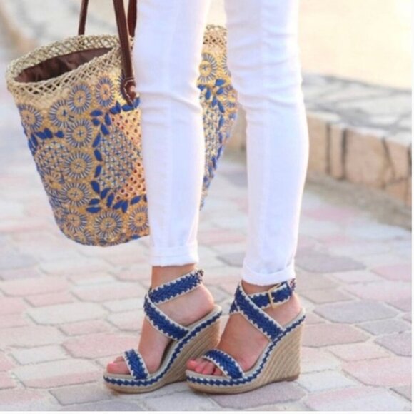 Tory Burch Shoes - Tory Burch Lilah Wedges Espadrille Sandals High Heel Shoes Brown Navy Blue 8